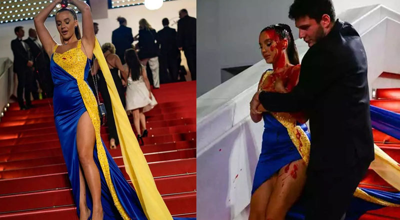 உடல் முழுவதும் ரத்தத்துடன் உக்ரைன் கொடி நிறத்தில் ஆடை அணிந்த பெண்: கேன்ஸ் திரைப்பட விழாவில் பரபரப்பு